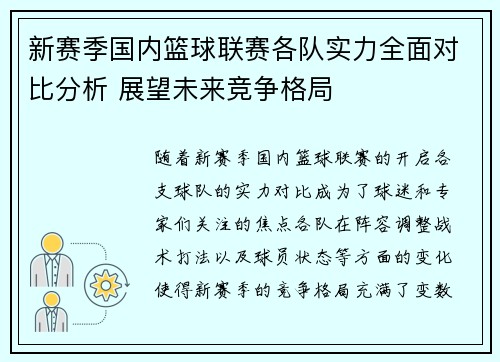 新赛季国内篮球联赛各队实力全面对比分析 展望未来竞争格局